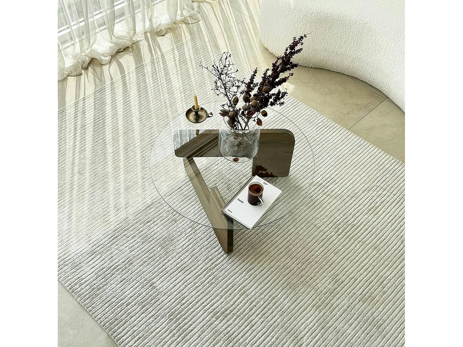 Table basse design en verre - pied bois brun ANZIO