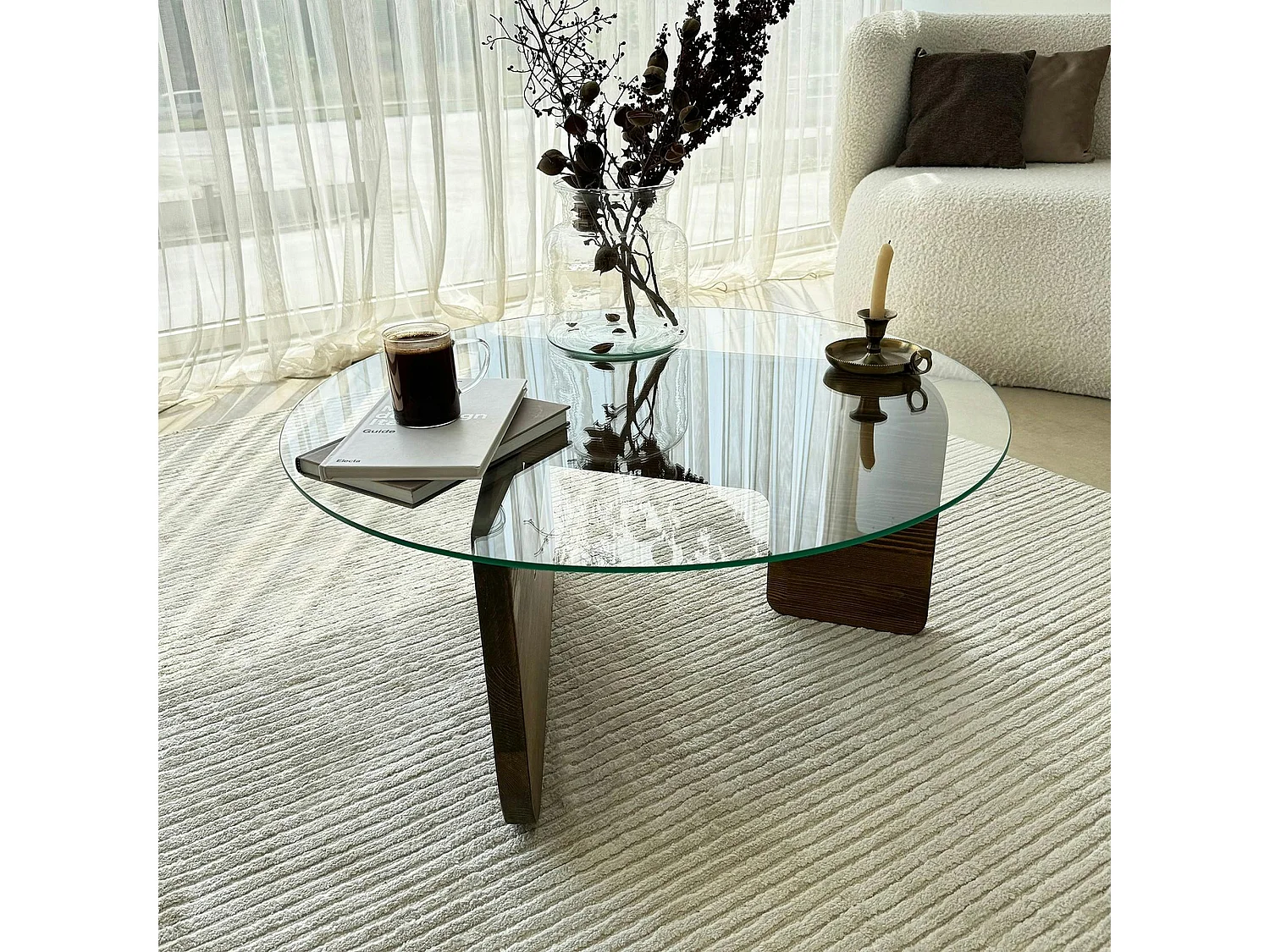 Table basse design en verre - pied bois brun ANZIO