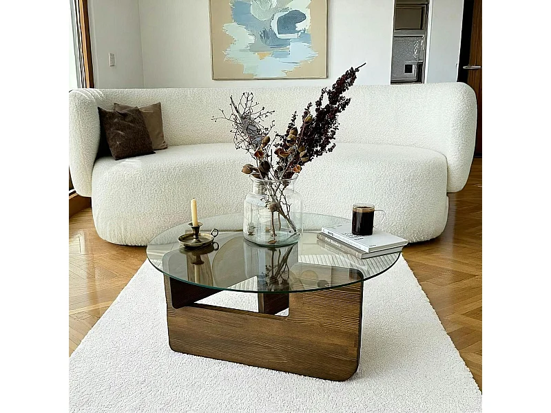 Table basse design en verre - pied bois brun ANZIO
