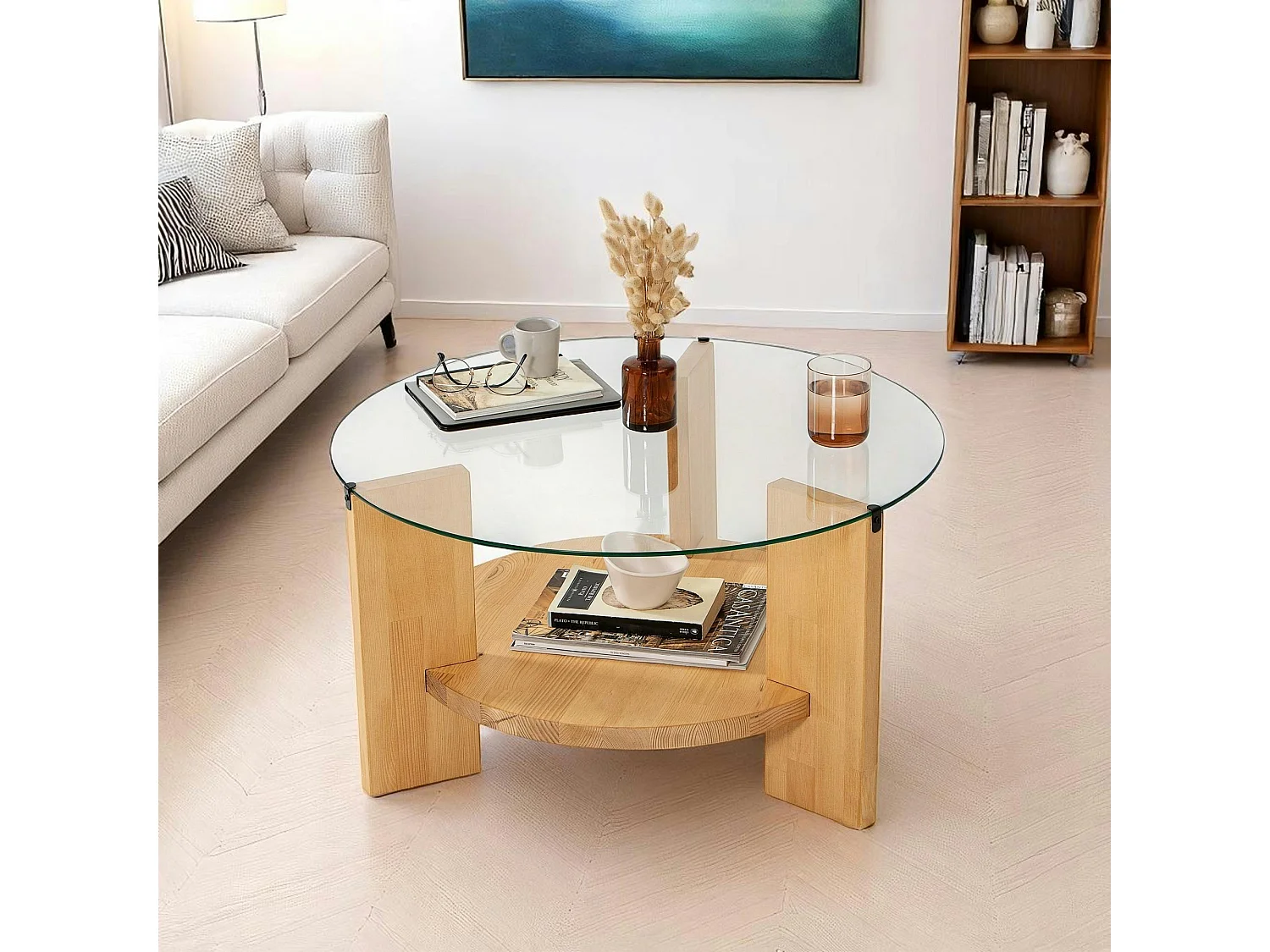 Table basse ronde en verre et bois clair - 2 plateaux ANZIO