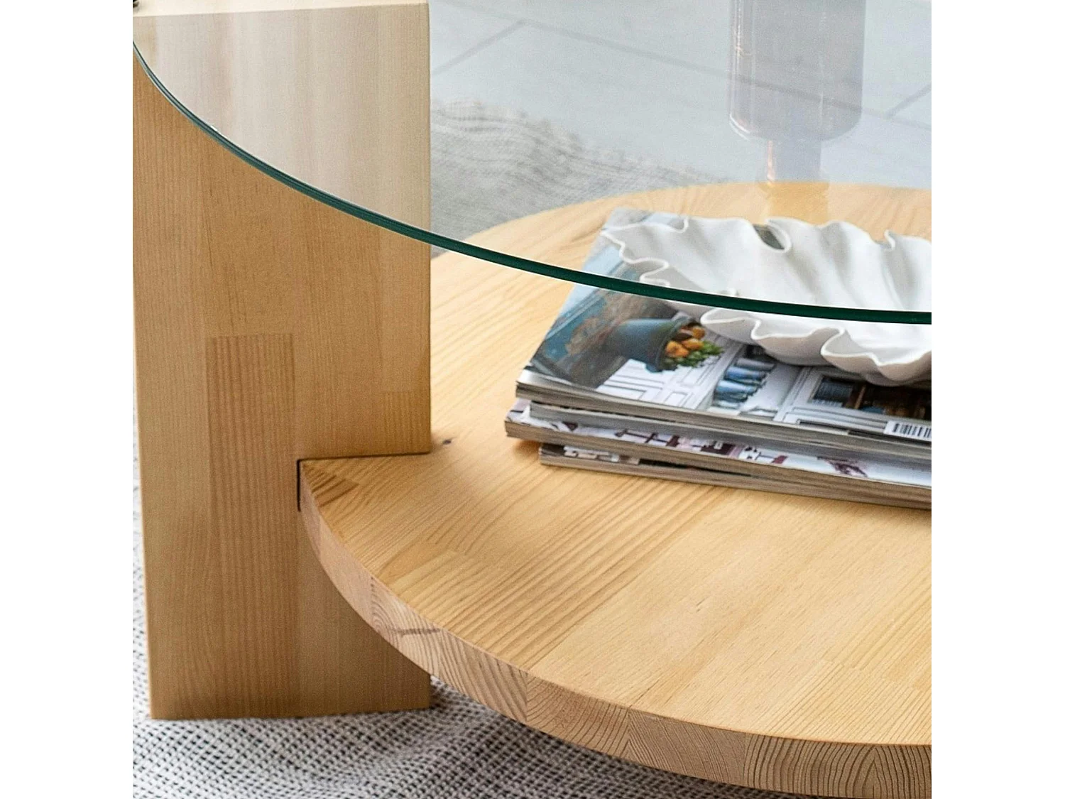 Table basse ronde en verre et bois clair - 2 plateaux ANZIO