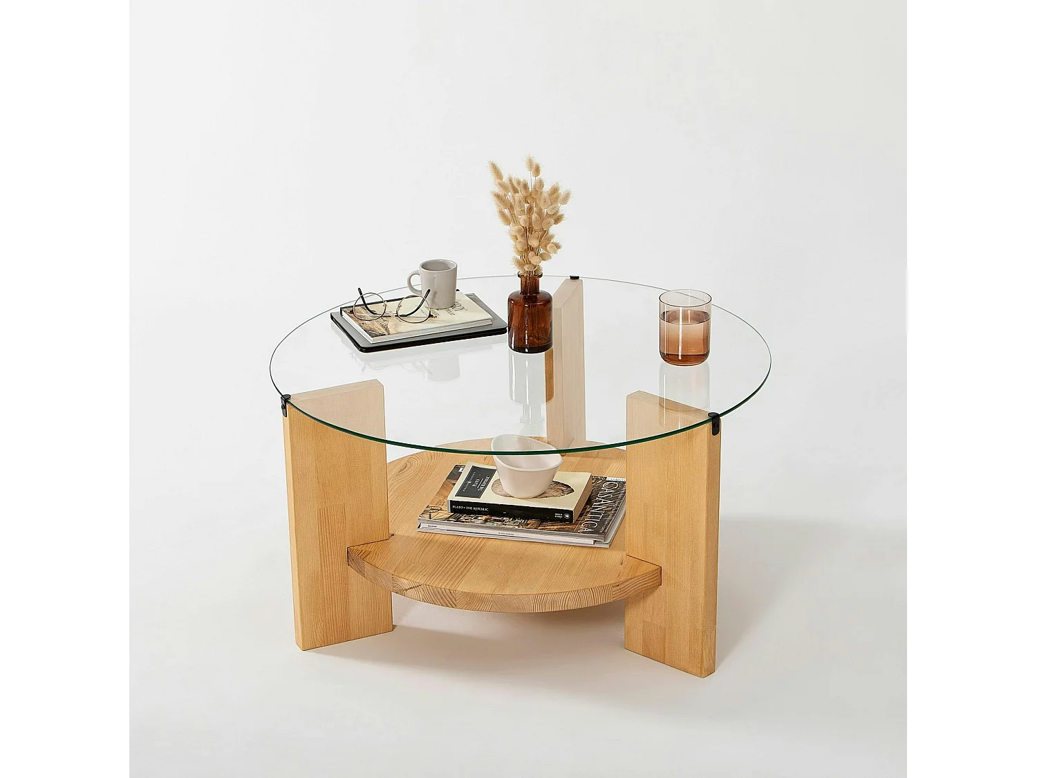 Table basse ronde en verre et bois clair - 2 plateaux ANZIO