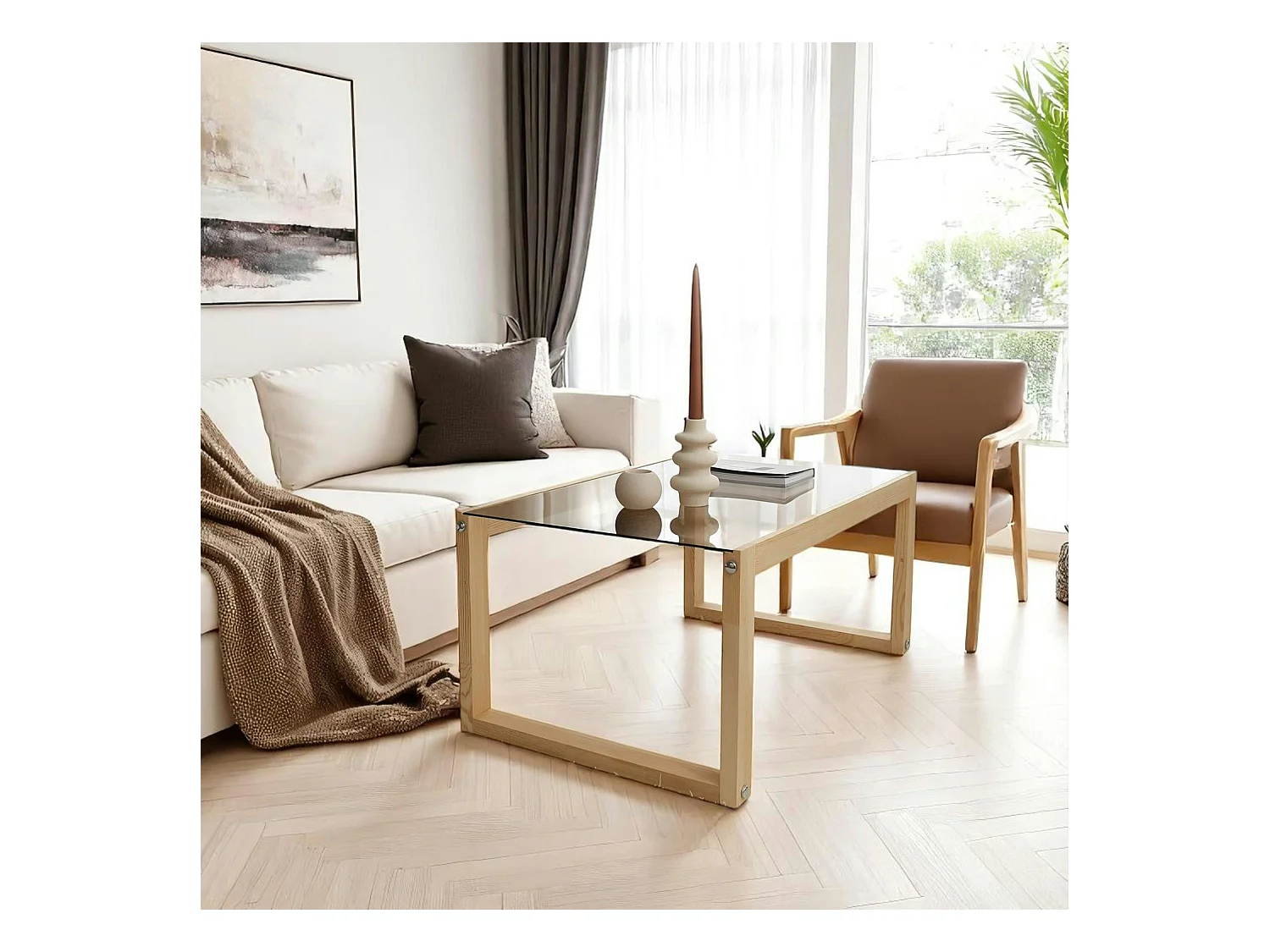 Table basse verre fumé et bois clair - forme rectangle LHASA