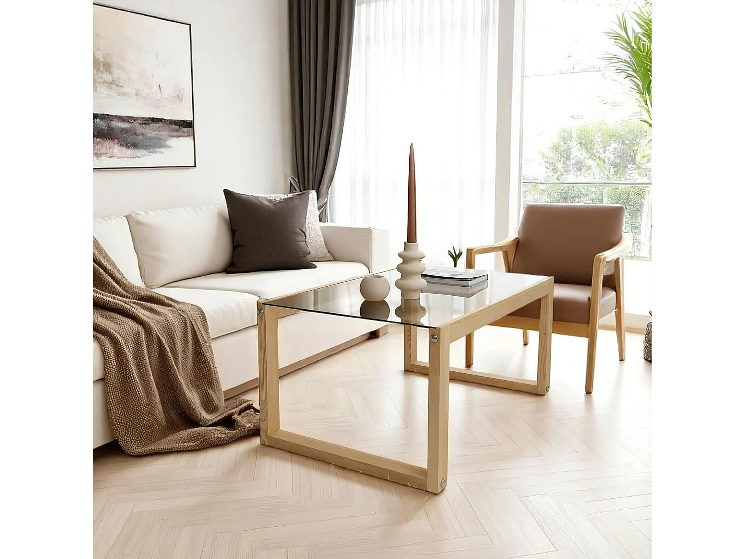 Table basse verre fumé et bois clair - forme rectangle LHASA