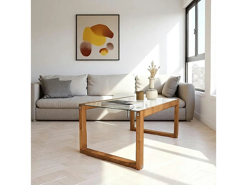 Table basse verre et bois brun - forme rectangle LHASA