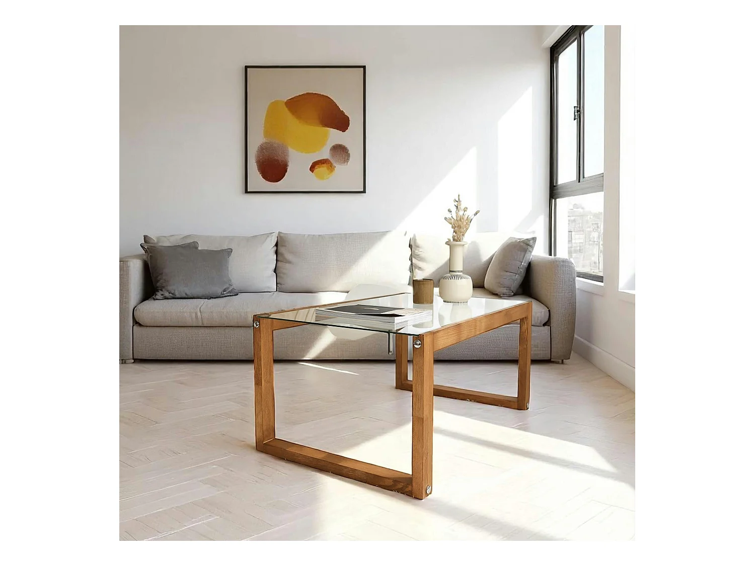 Table basse verre et bois brun - forme rectangle LHASA