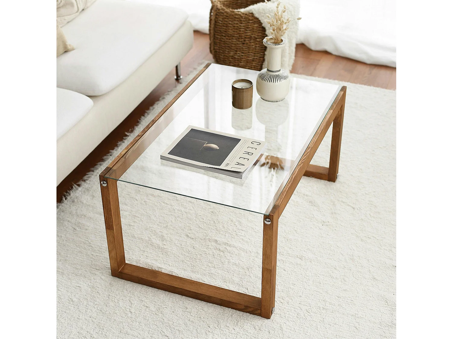 Table basse verre et bois brun - forme rectangle LHASA