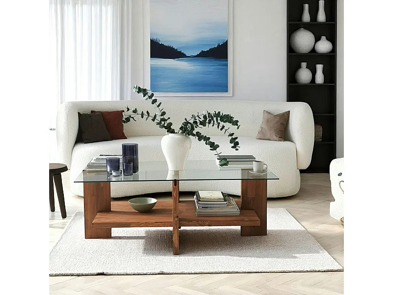 Table basse verre et bois brun - 2 plateaux LHASA