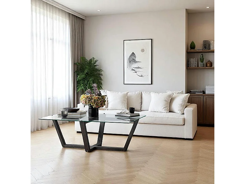 Table basse verre trempé - pied croisé en bois gris foncé LHASA