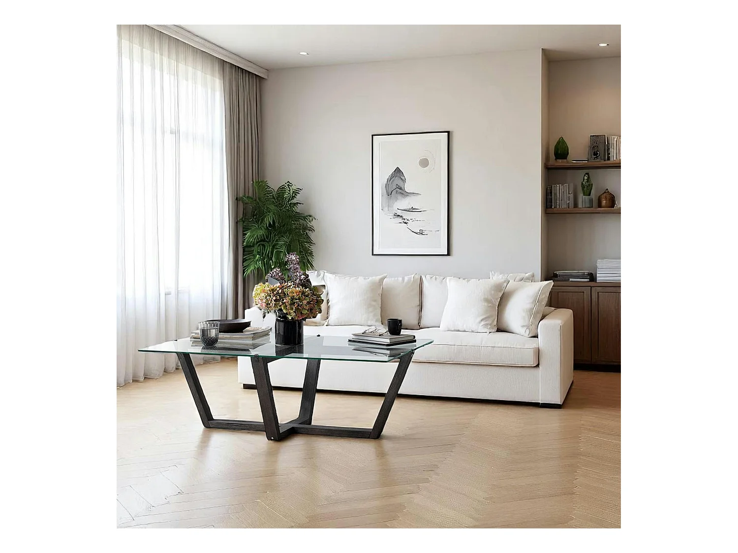 Table basse verre trempé - pied croisé en bois gris foncé LHASA