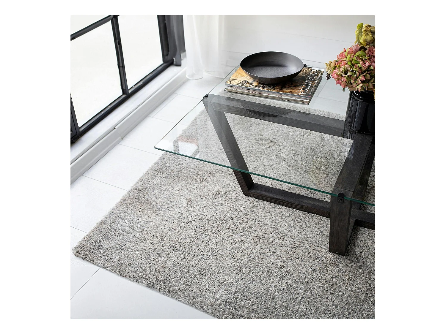 Table basse verre trempé - pied croisé en bois gris foncé LHASA