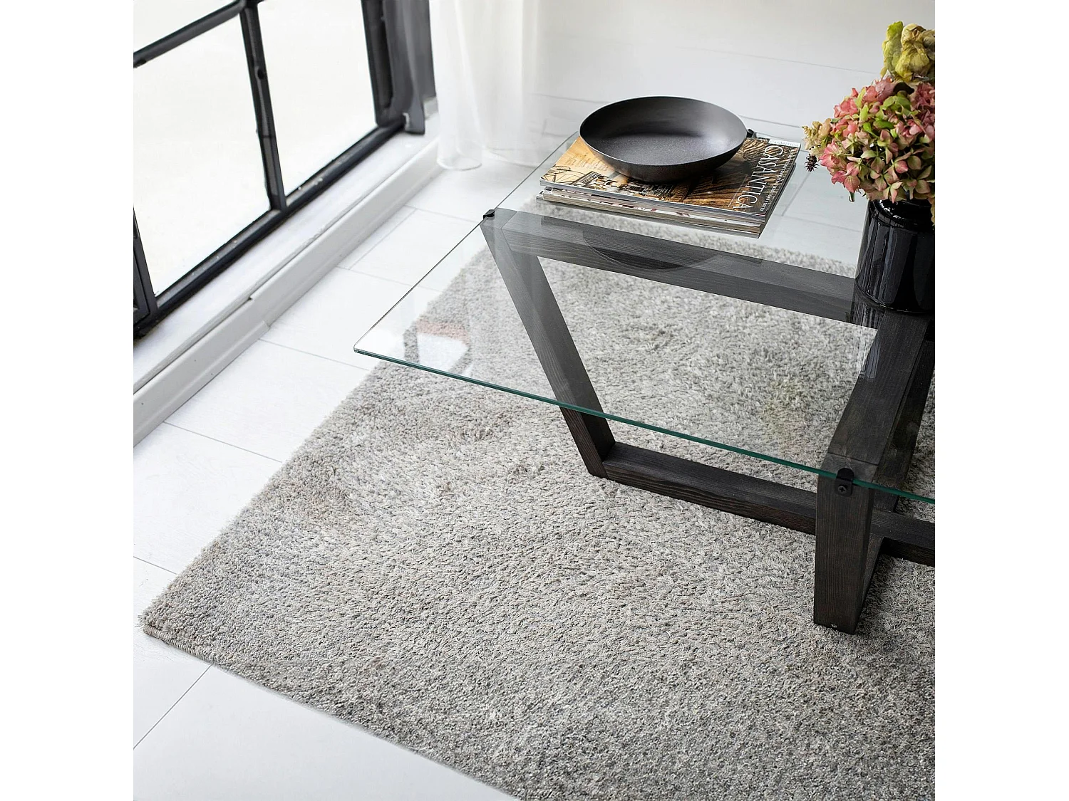 Table basse verre trempé - pied croisé en bois gris foncé LHASA