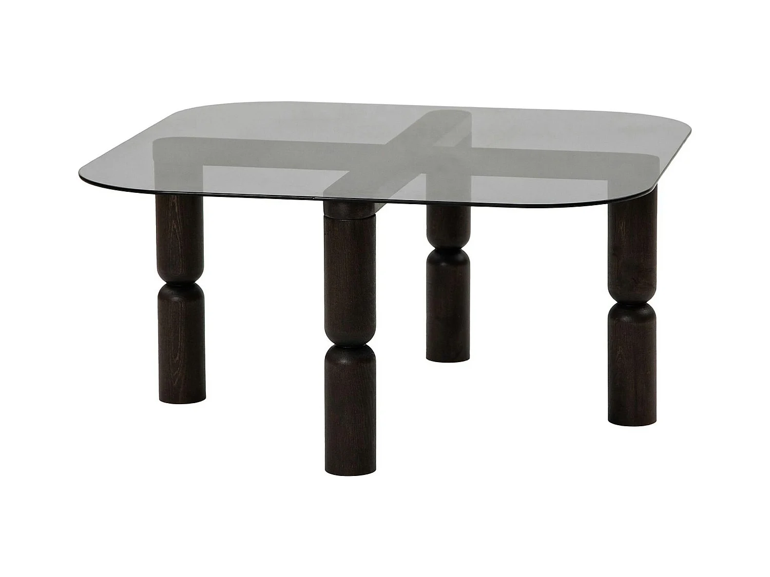 Table basse carrée en verre fumé - pieds bois sculpté BOMA