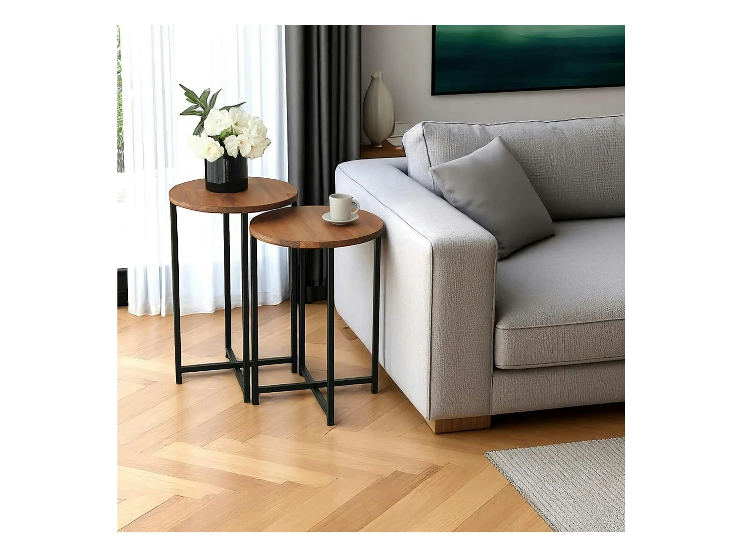 Bout de canapé rond - bois marron, métal (lot de 2) LINARES