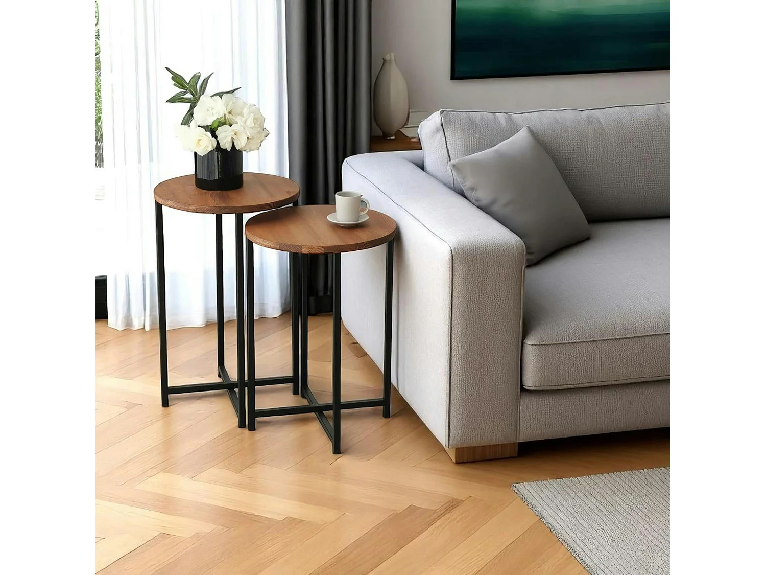 Bout de canapé rond - bois marron, métal (lot de 2) LINARES