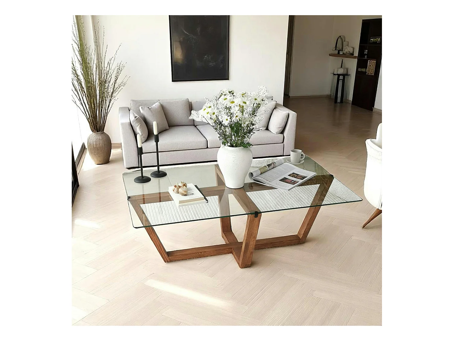 Table basse verre trempé - pied croisé en bois brun LHASA