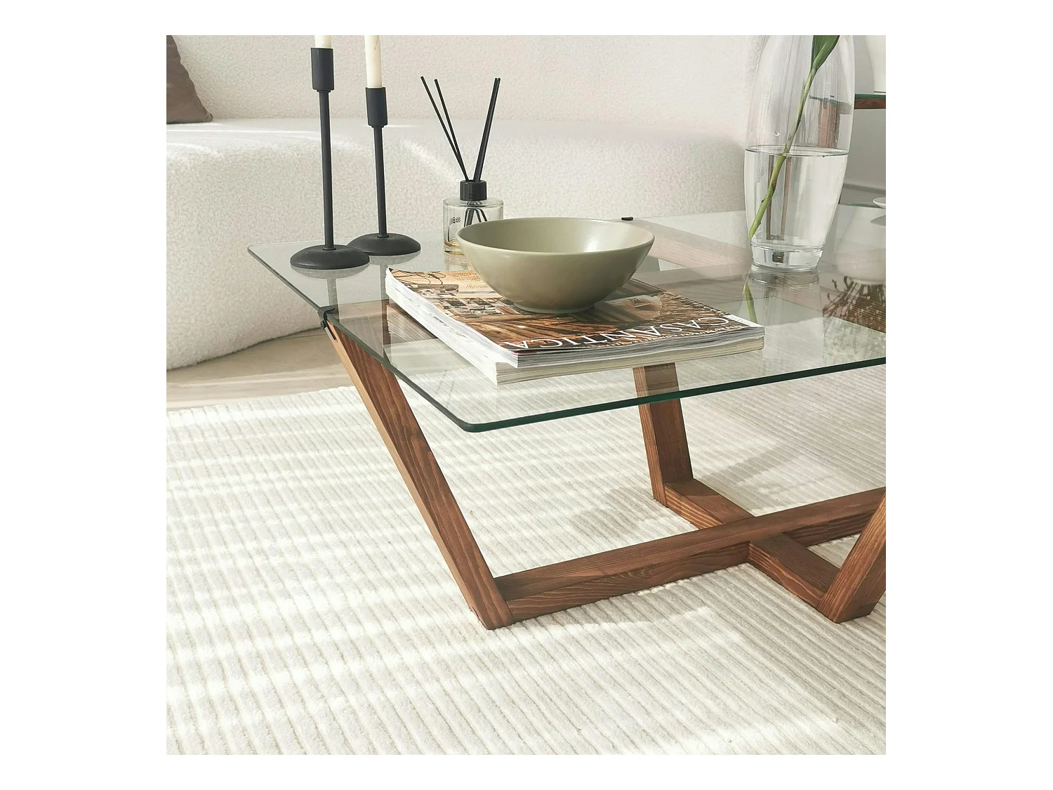 Table basse verre trempé - pied croisé en bois brun LHASA