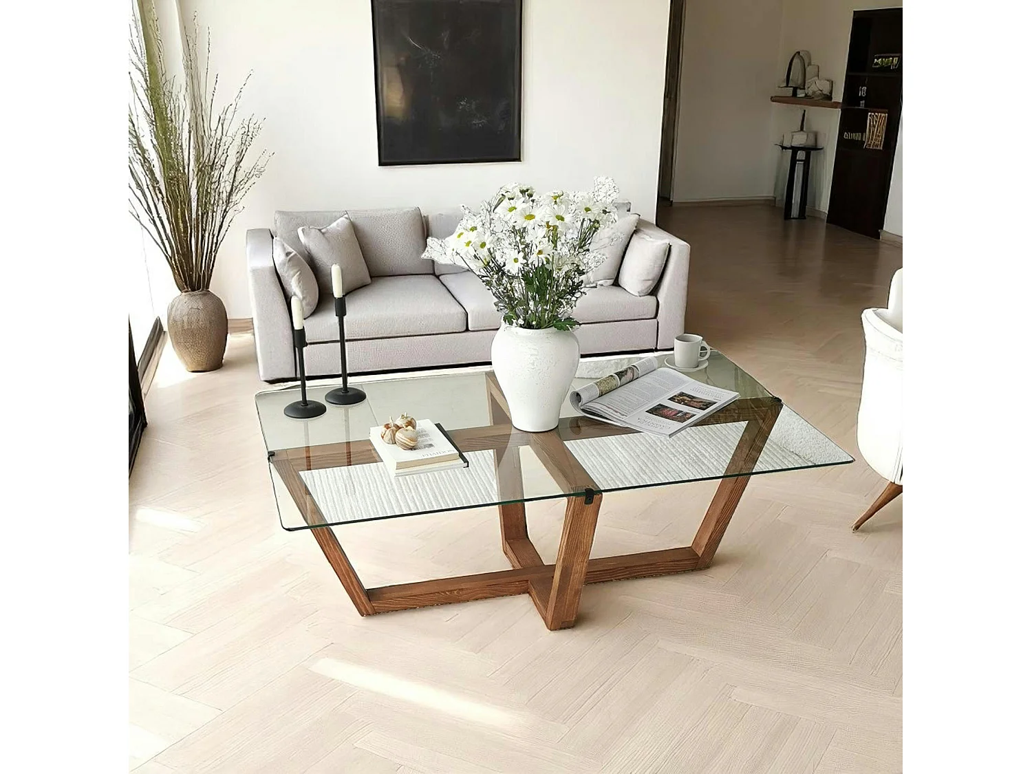 Table basse verre trempé - pied croisé en bois brun LHASA