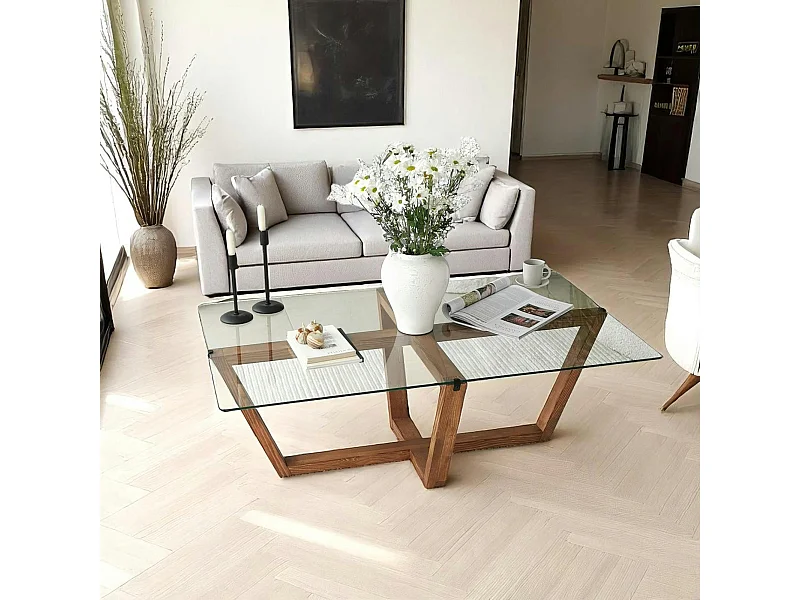 Table basse verre trempé - pied croisé en bois brun LHASA