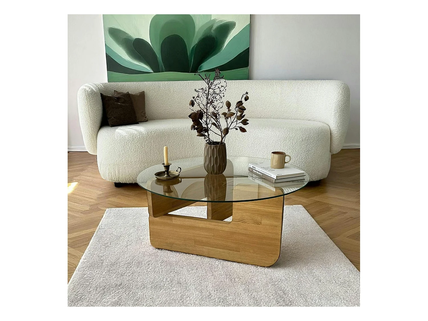 Table basse design en verre - pied bois clair ANZIO