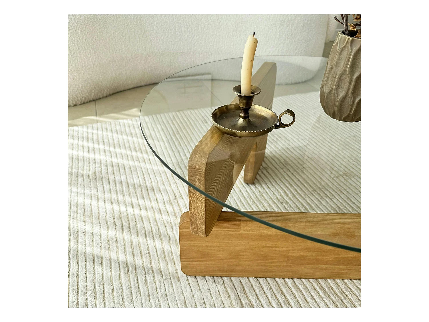 Table basse design en verre - pied bois clair ANZIO