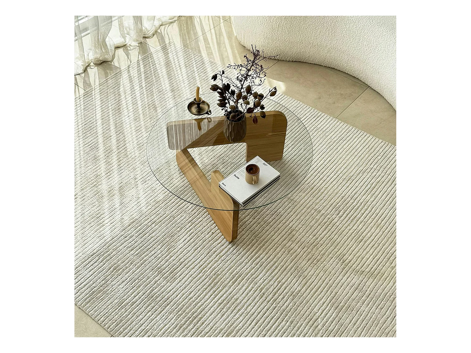 Table basse design en verre - pied bois clair ANZIO