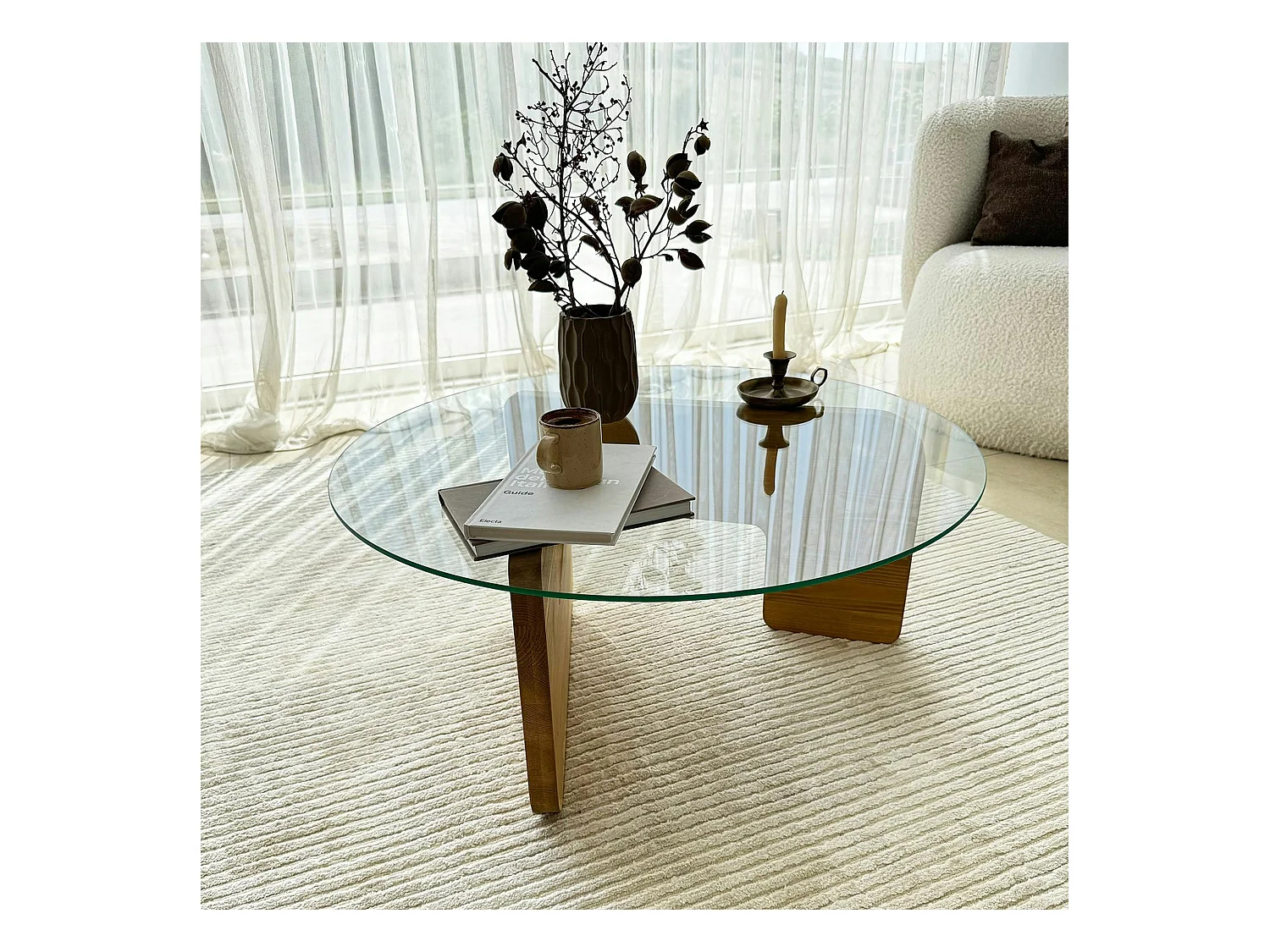 Table basse design en verre - pied bois clair ANZIO