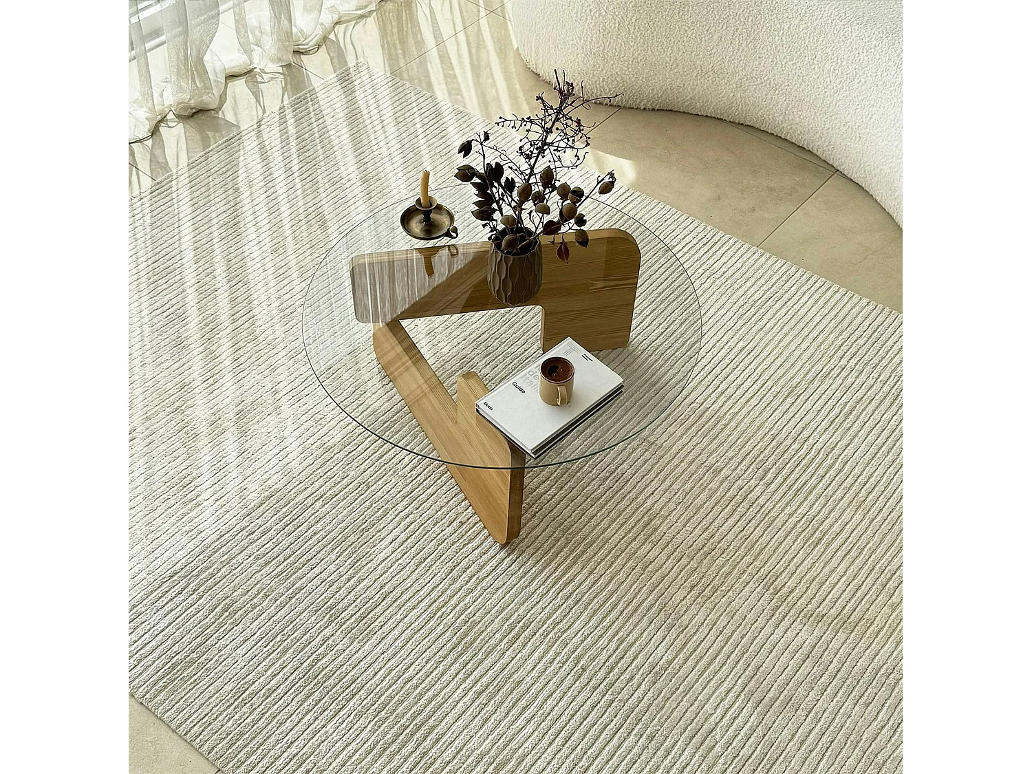 Table basse design en verre - pied bois clair ANZIO