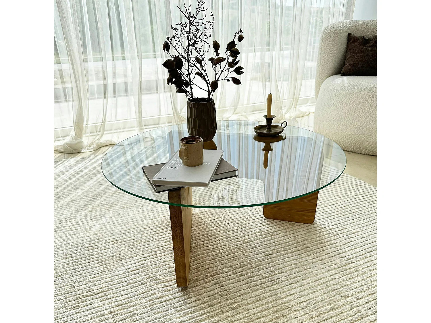 Table basse design en verre - pied bois clair ANZIO