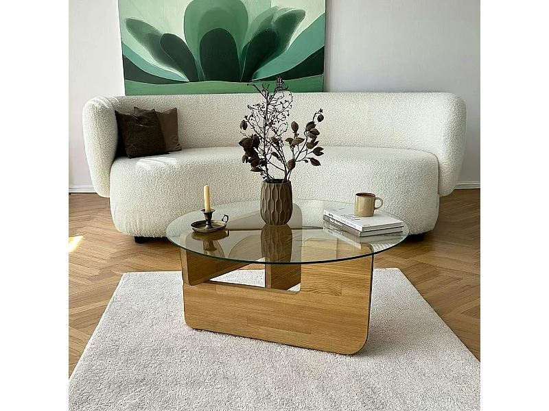 Table basse design en verre - pied bois clair ANZIO