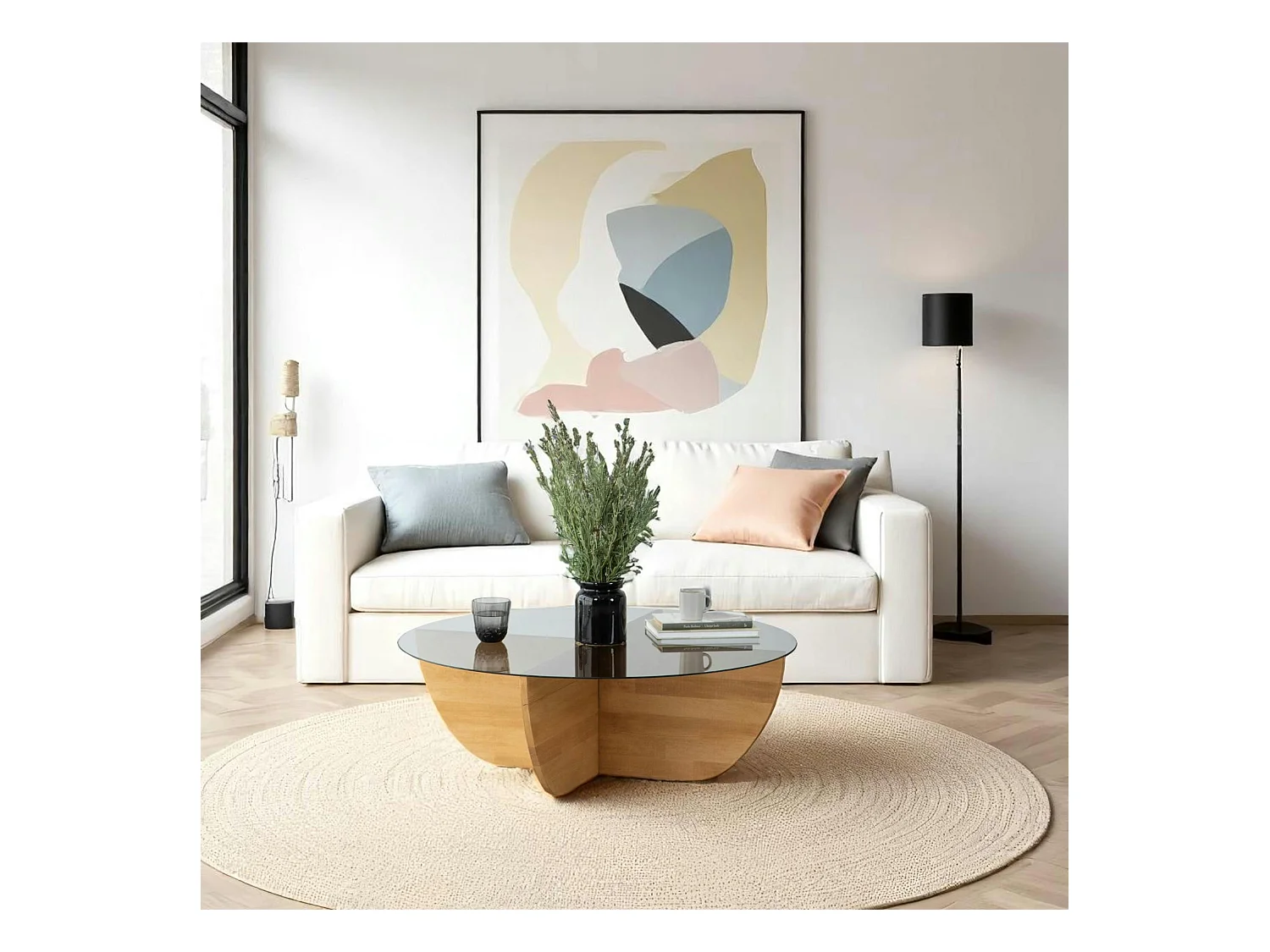 Table basse verre fumé – pied croix bois clair, 90 cm ANZIO