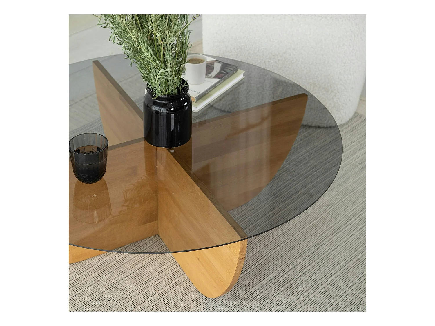 Table basse verre fumé – pied croix bois clair, 90 cm ANZIO