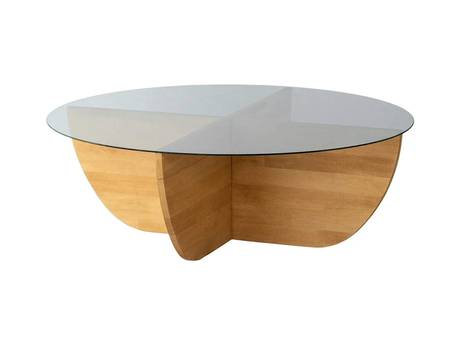 Table basse verre fumé – pied croix bois clair, 90 cm ANZIO