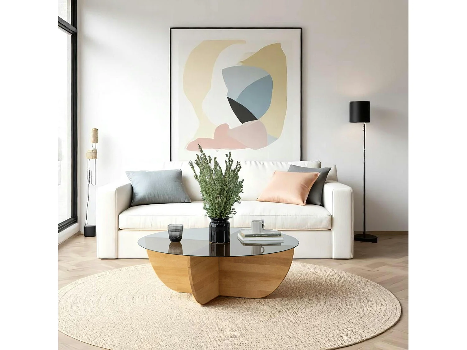 Table basse verre fumé – pied croix bois clair, 90 cm ANZIO