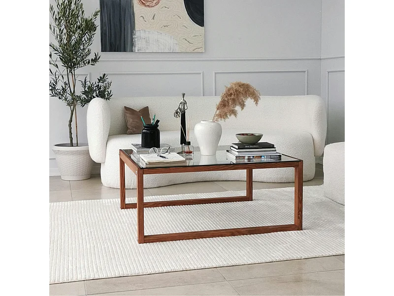 Table basse carrée en verre et bois brun LHASA