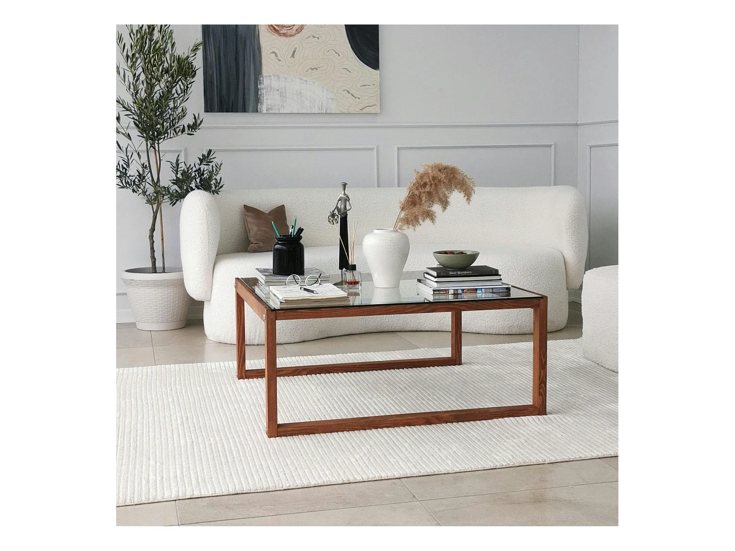 Table basse carrée en verre et bois brun LHASA