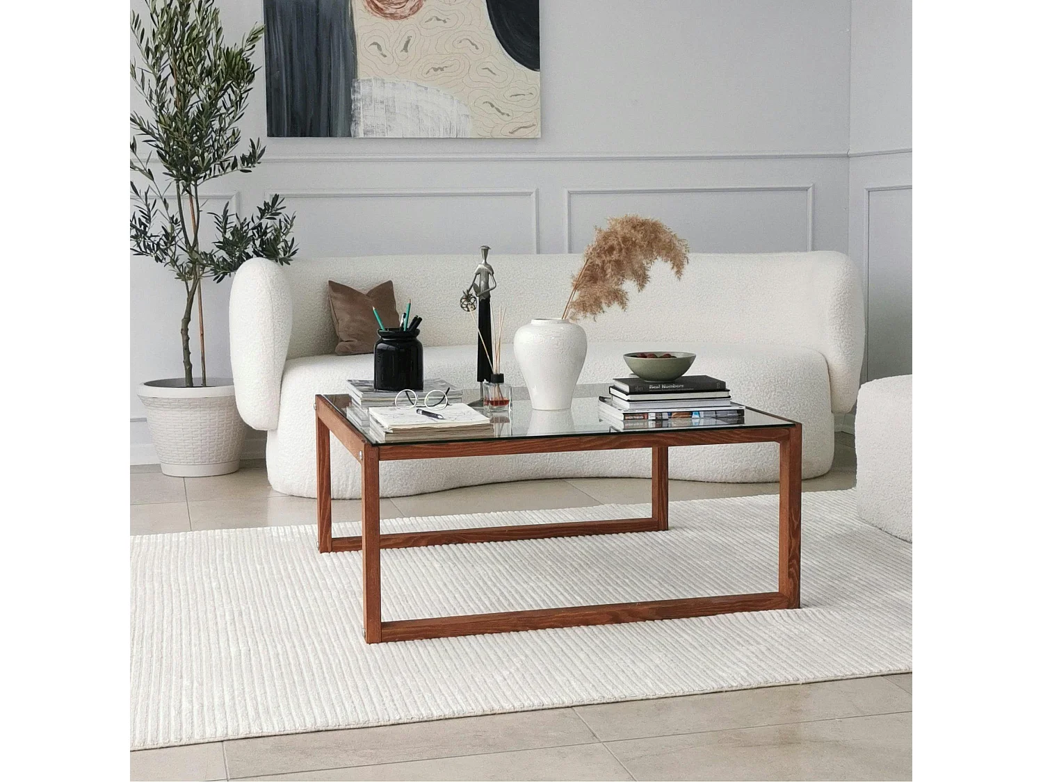 Table basse carrée en verre et bois brun LHASA