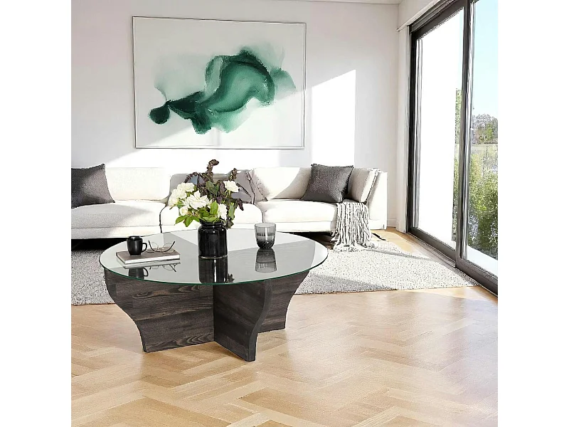 Table basse en verre et bois gris foncé - pied en X, ANZIO