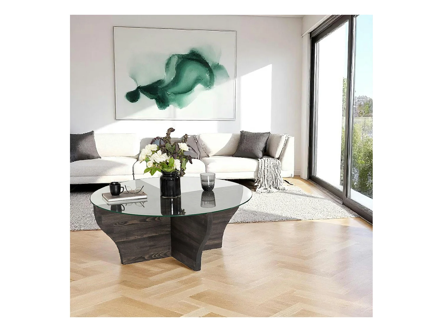 Table basse en verre et bois gris foncé - pied en X, ANZIO