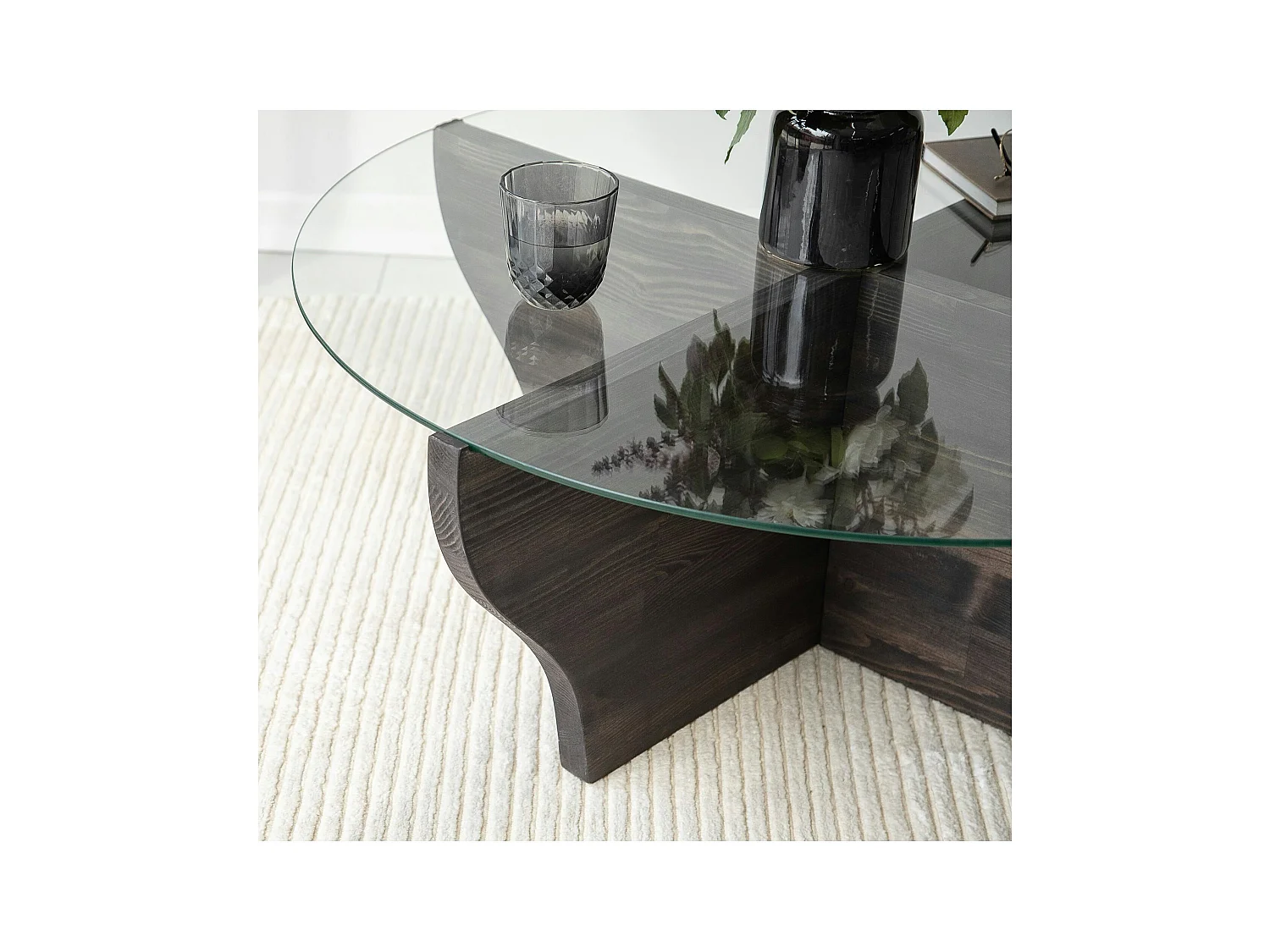 Table basse en verre et bois gris foncé - pied en X, ANZIO