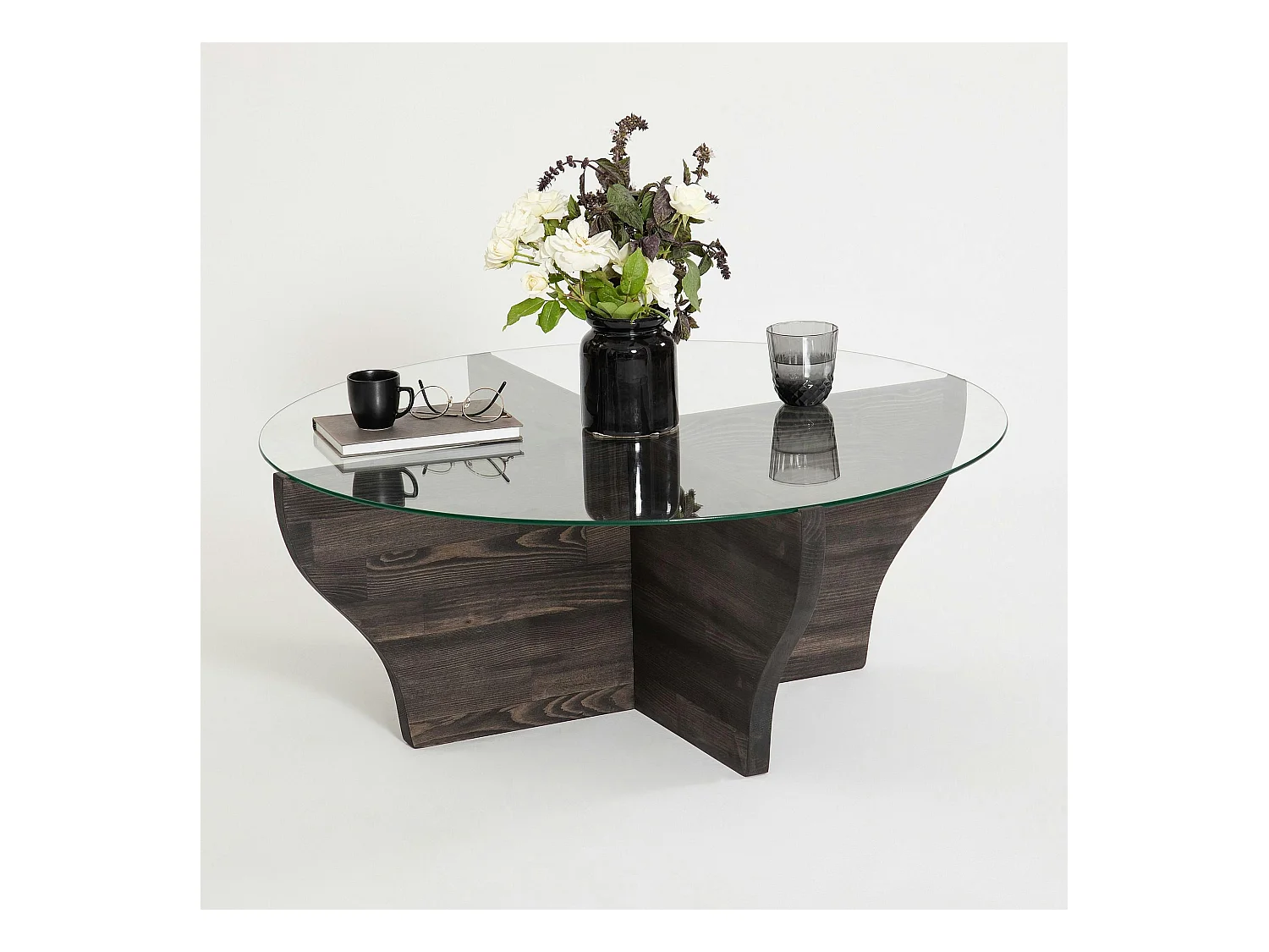 Table basse en verre et bois gris foncé - pied en X, ANZIO