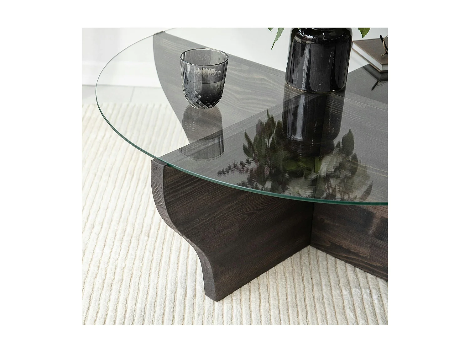 Table basse en verre et bois gris foncé - pied en X, ANZIO