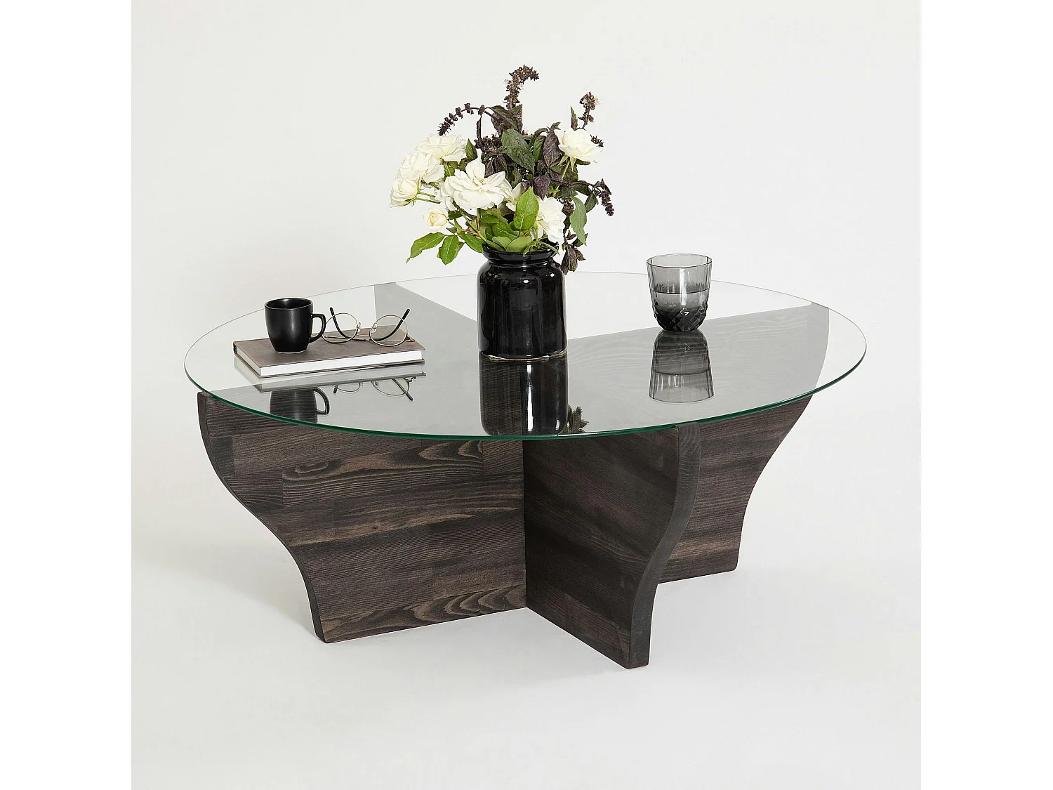 Table basse en verre et bois gris foncé - pied en X, ANZIO
