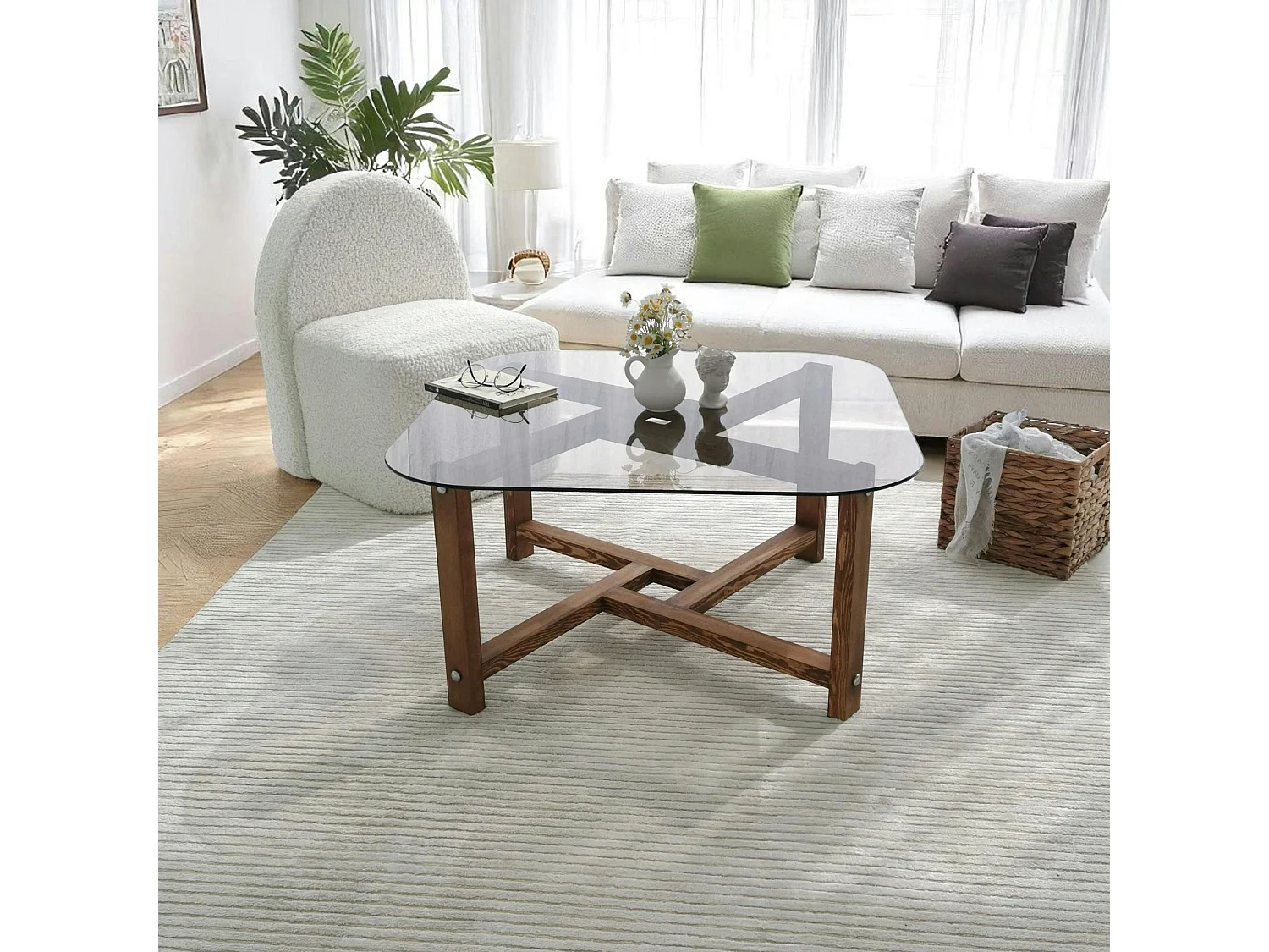 Table basse verre fumé et bois - forme carrée douce ANZIO