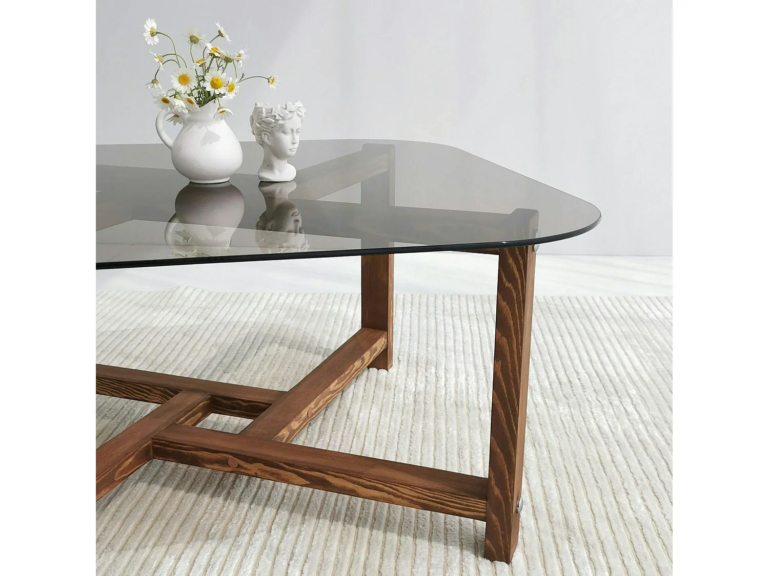 Table basse verre fumé et bois - forme carrée douce ANZIO