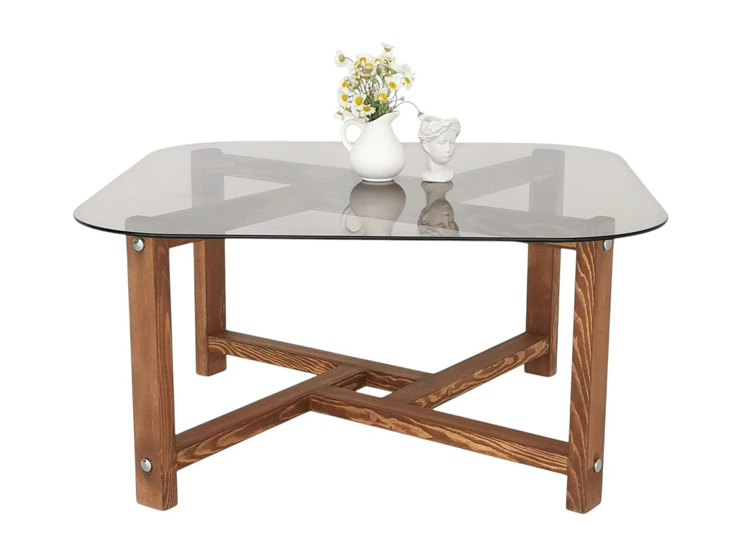 Table basse verre fumé et bois - forme carrée douce ANZIO