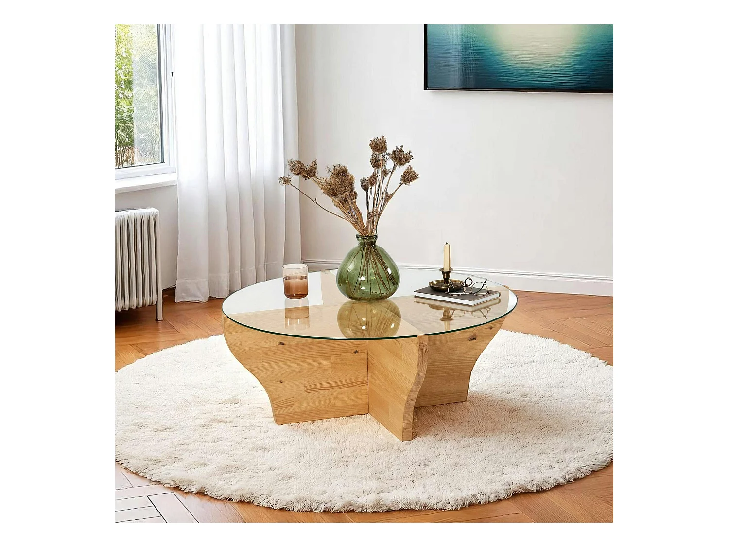 Table basse en verre et bois clair - pied en X, ANZIO