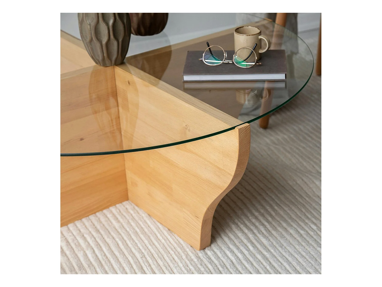 Table basse en verre et bois clair - pied en X, ANZIO