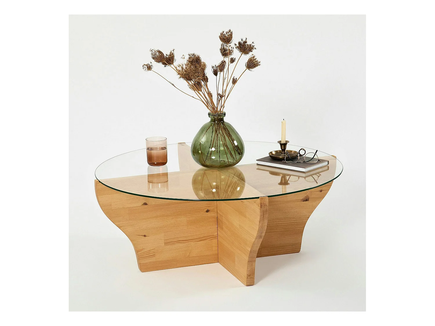 Table basse en verre et bois clair - pied en X, ANZIO