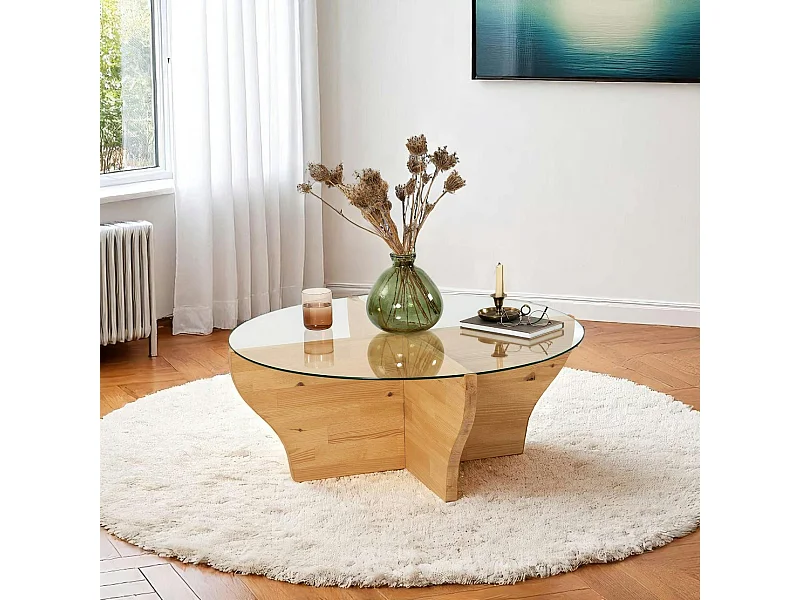 Table basse en verre et bois clair - pied en X, ANZIO